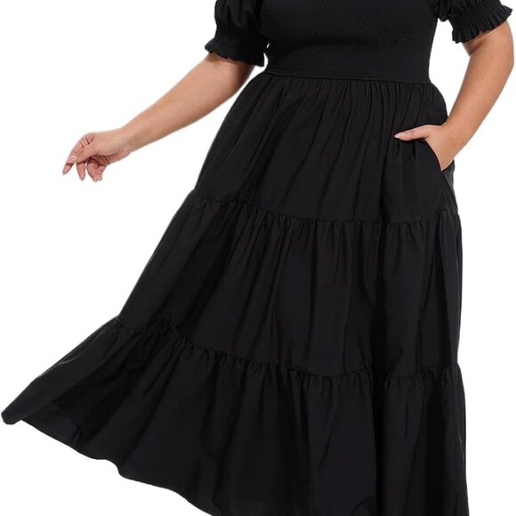 Women's Plus Size Maxi Dress Floral Smocked Short Puff Sleeves Summer - Picture 1 of 6